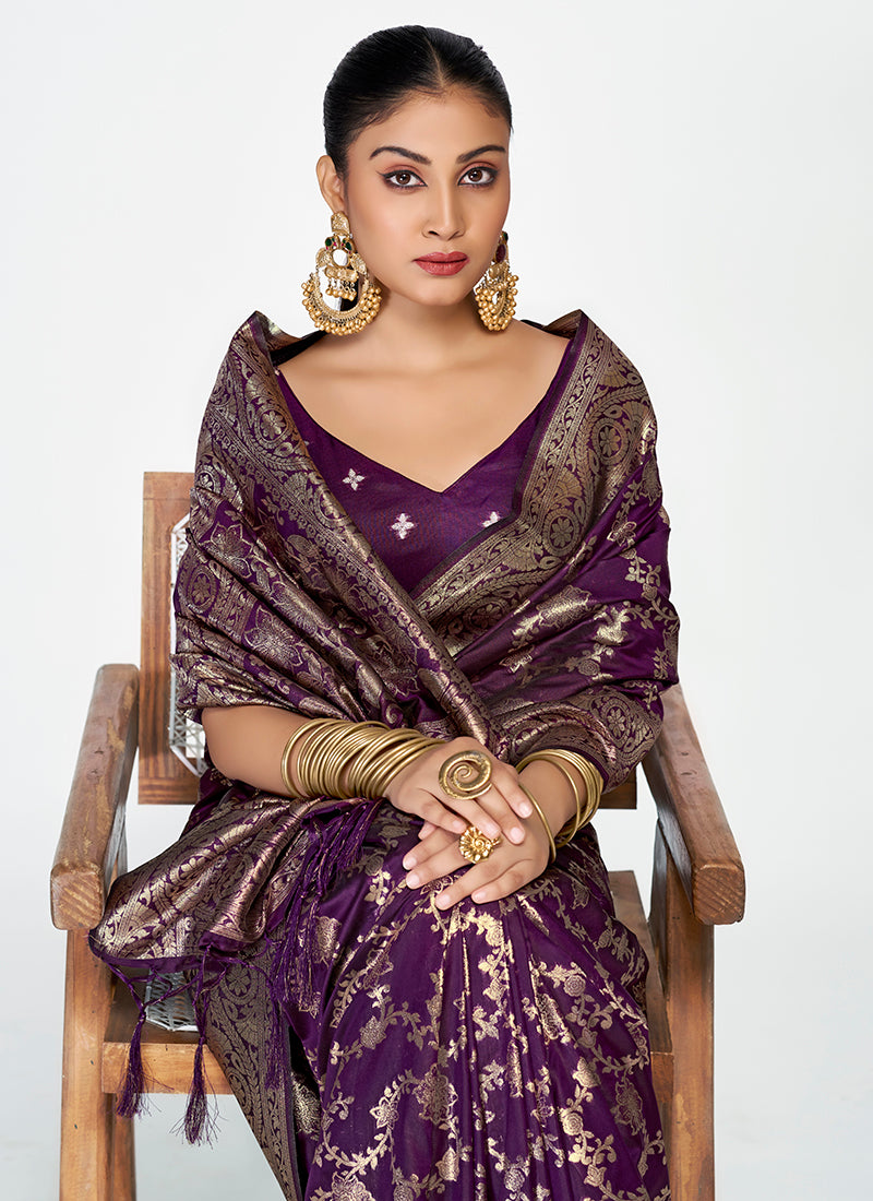 Vellora Plum Purple Banarasi Silk Saree with Traditional Floral Zari Pattern
