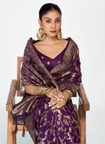 Thumbnail for Vellora Plum Purple Banarasi Silk Saree with Traditional Floral Zari Pattern