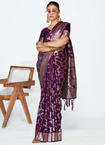 Thumbnail for Vellora Plum Purple Banarasi Silk Saree with Traditional Floral Zari Pattern
