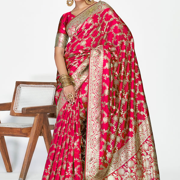 Vellora Rani Pink Banarasi Soft Silk Saree with Heavy Golden Jaal Weaving