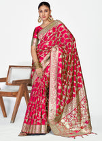 Thumbnail for Vellora Rani Pink Banarasi Soft Silk Saree with Heavy Golden Jaal Weaving