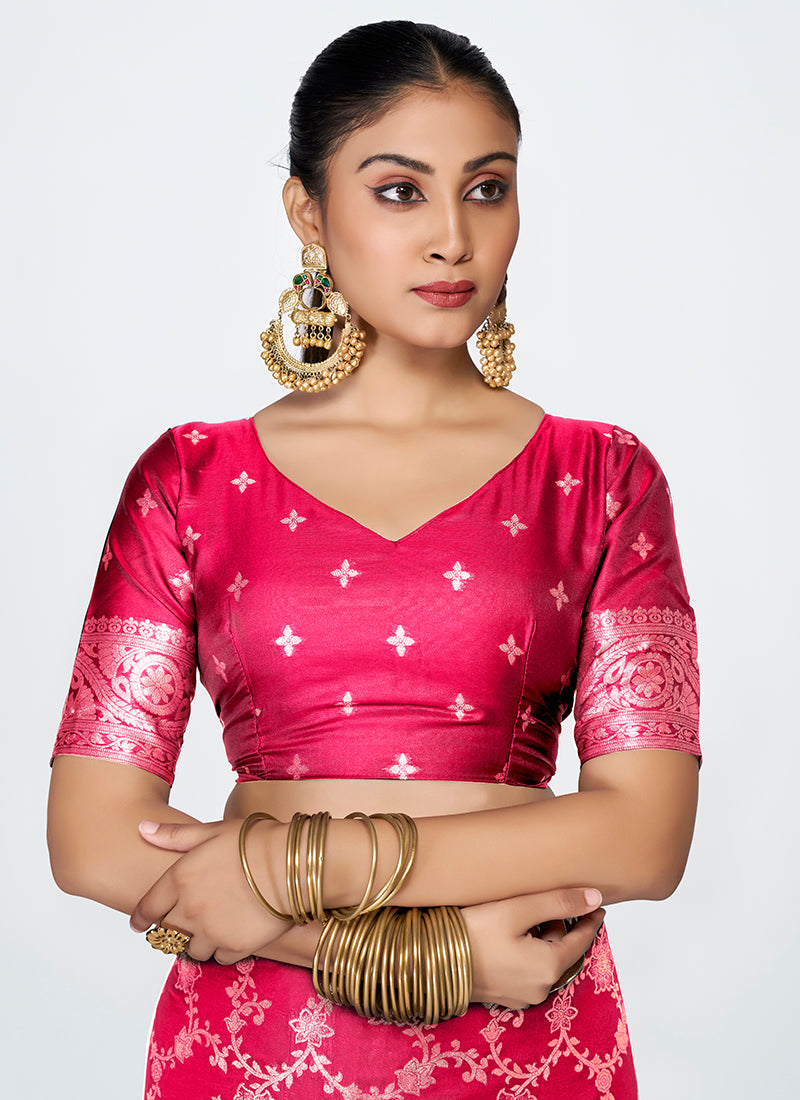 Vellora Rani Pink Banarasi Soft Silk Saree with Heavy Golden Jaal Weaving