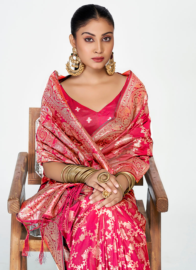 Vellora Rani Pink Banarasi Soft Silk Saree with Heavy Golden Jaal Weaving