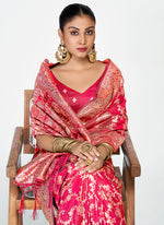 Thumbnail for Vellora Rani Pink Banarasi Soft Silk Saree with Heavy Golden Jaal Weaving