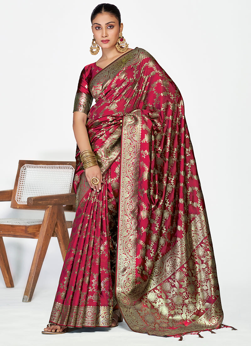 Vellora Wine Red Banarasi Silk Saree with Antique Golden Zari Work