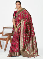 Thumbnail for Vellora Wine Red Banarasi Silk Saree with Antique Golden Zari Work