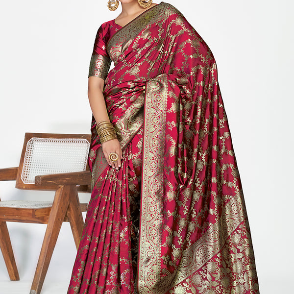 Vellora Wine Red Banarasi Silk Saree with Antique Golden Zari Work