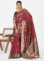 Thumbnail for Vellora Wine Red Banarasi Silk Saree with Antique Golden Zari Work