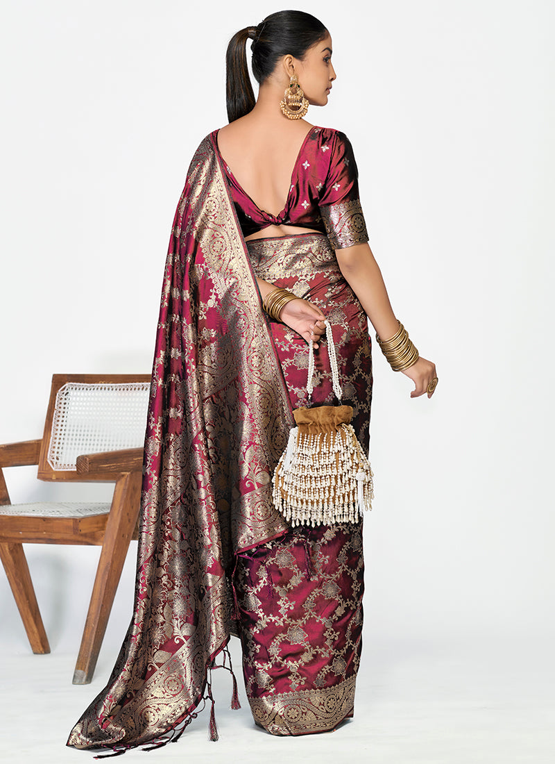 Vellora Wine Red Banarasi Silk Saree with Antique Golden Zari Work - Distacart