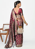 Thumbnail for Vellora Wine Red Banarasi Silk Saree with Antique Golden Zari Work