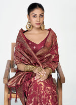 Thumbnail for Vellora Wine Red Banarasi Silk Saree with Antique Golden Zari Work