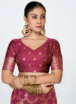 Thumbnail for Vellora Wine Red Banarasi Silk Saree with Antique Golden Zari Work