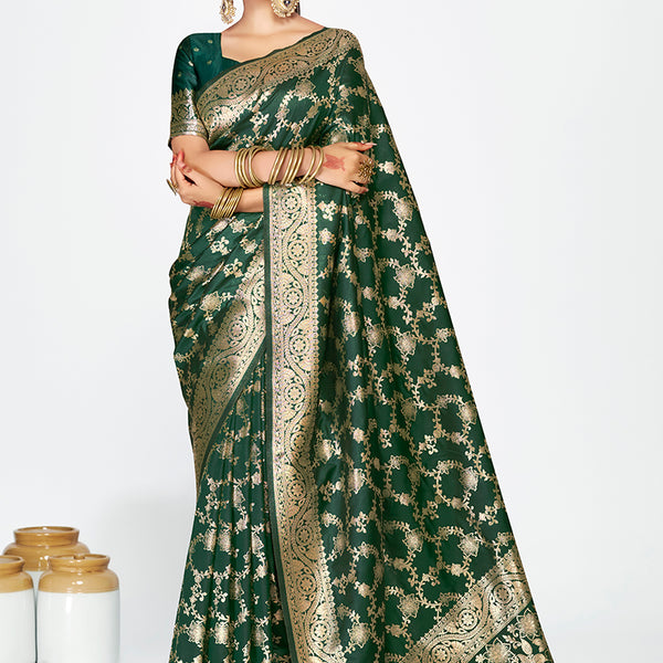 Vellora Bottle Green Banarasi Silk Saree with Elegant Zari Border