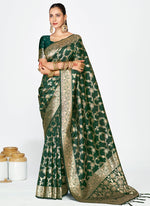 Thumbnail for Vellora Bottle Green Banarasi Silk Saree with Elegant Zari Border