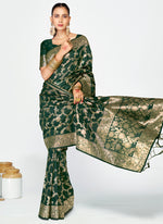 Thumbnail for Vellora Bottle Green Banarasi Silk Saree with Elegant Zari Border
