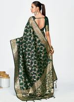 Thumbnail for Vellora Bottle Green Banarasi Silk Saree with Elegant Zari Border