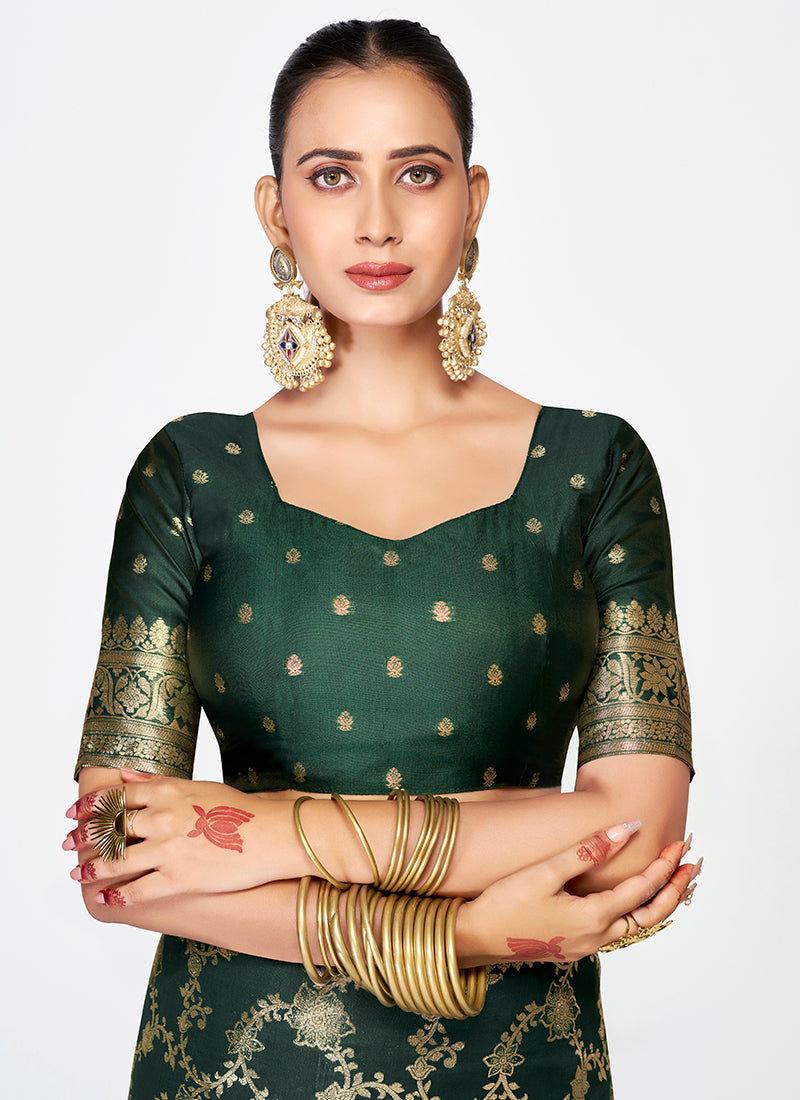 Vellora Bottle Green Banarasi Silk Saree with Elegant Zari Border