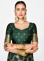 Thumbnail for Vellora Bottle Green Banarasi Silk Saree with Elegant Zari Border