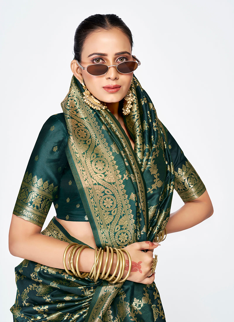 Vellora Bottle Green Banarasi Silk Saree with Elegant Zari Border
