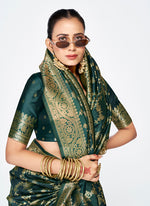 Thumbnail for Vellora Bottle Green Banarasi Silk Saree with Elegant Zari Border