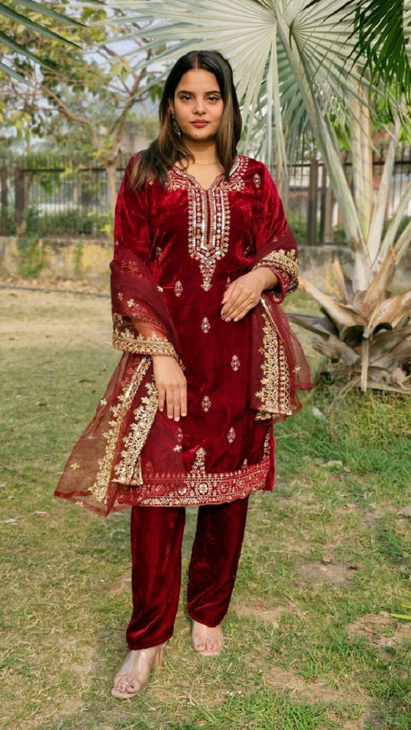 Lehenga Mart Designer Velvet Ready to wear Kurta Pant Dupatta for Women - Distacart