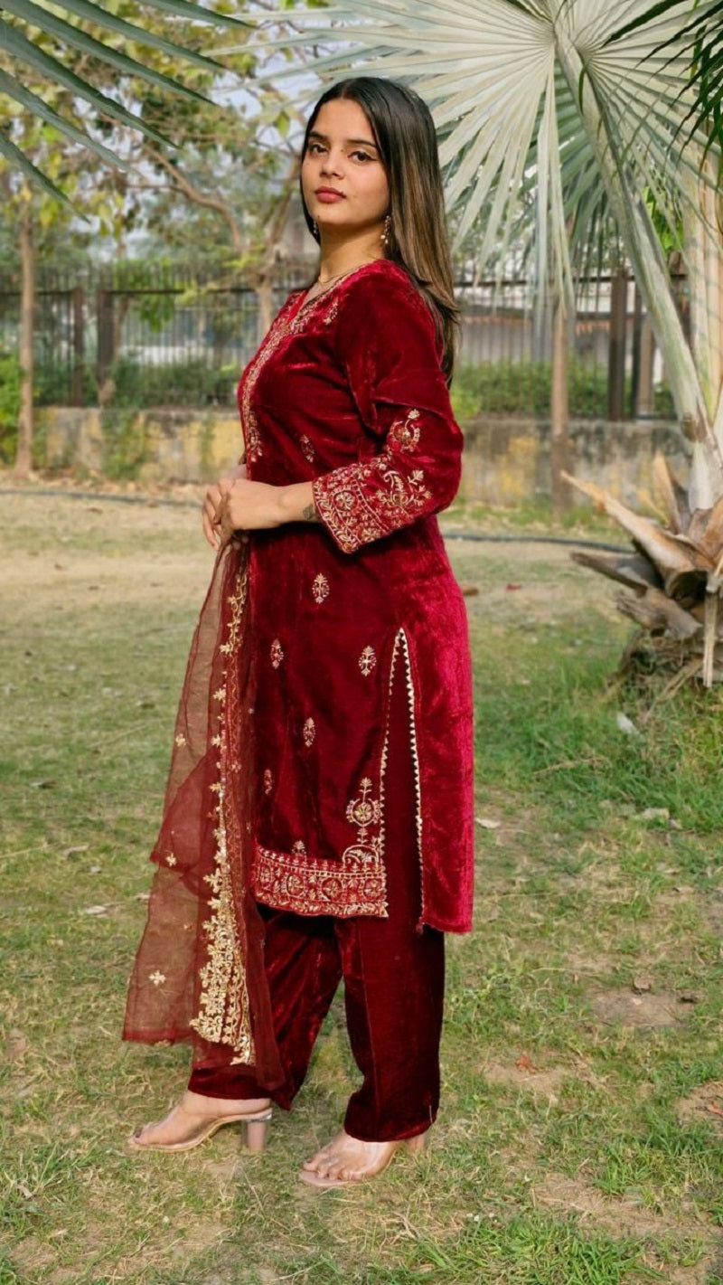 Lehenga Mart Designer Velvet Ready to wear Kurta Pant Dupatta for Women - Distacart