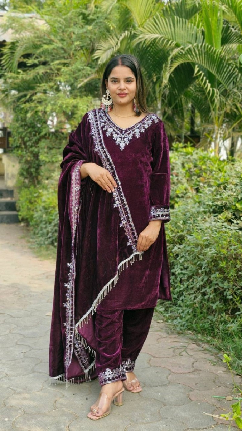 Lehenga Mart Designer Velvet Ready to wear Kurta Pant Dupatta for Women - Distacart