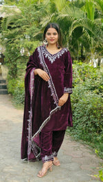 Thumbnail for Lehenga Mart Designer Velvet Ready to wear Kurta Pant Dupatta for Women - Distacart