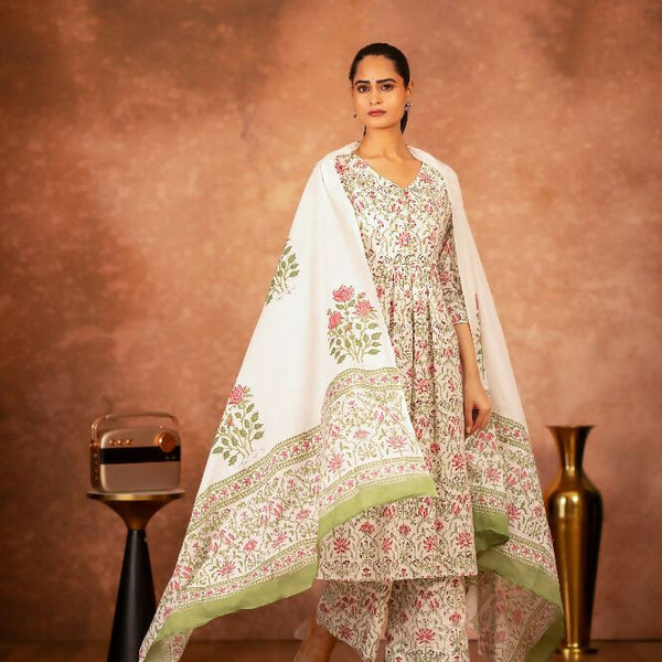 Joban Fashion Green Pink Hand Block Printed Cotton Suit Set - Distacart