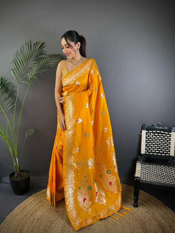 Joban Fashion Banarasi Orange Woven Soft Silk Saree