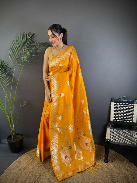 Joban Fashion Banarasi Orange Woven Soft Silk Saree