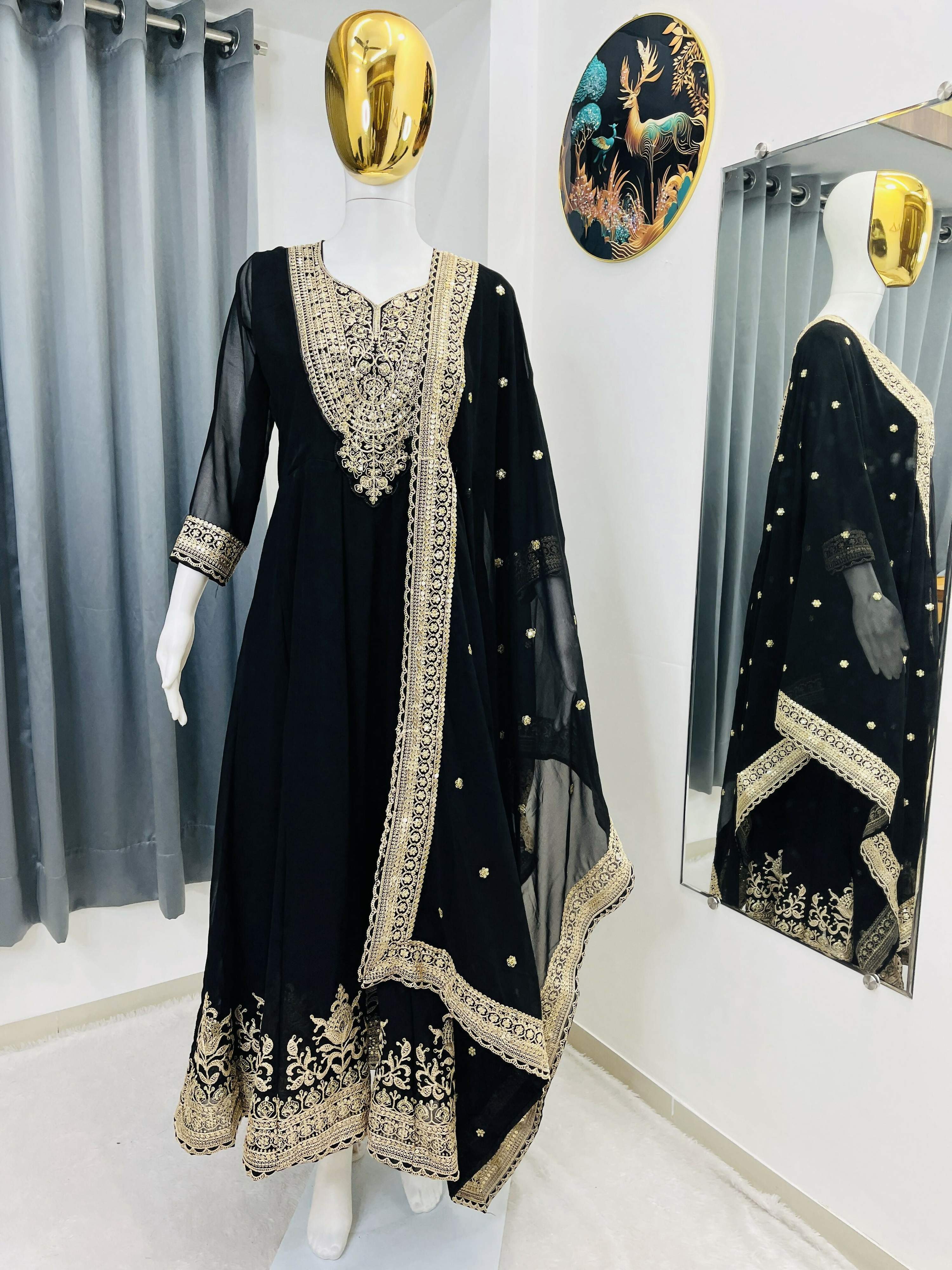 Teeya Creation Black Color Faux Georgette Embroidery Work Long Party Wear Gown - Distacart