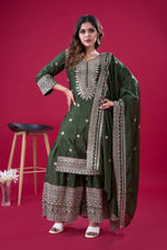 Thumbnail for Teeya Creation Green Colour Chinnon Silk Heavy Embroidery Work Fully Stitched Salwar Suit