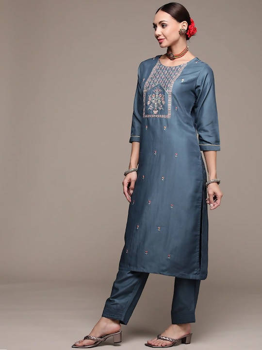 Anubhutee Blue Floral Embroidered Kurta with Trousers & With Dupatta - Distacart