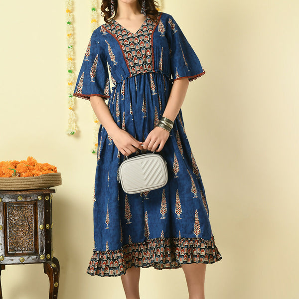 Myshka Women's Blue Printed Cotton Party Dress - Distacart