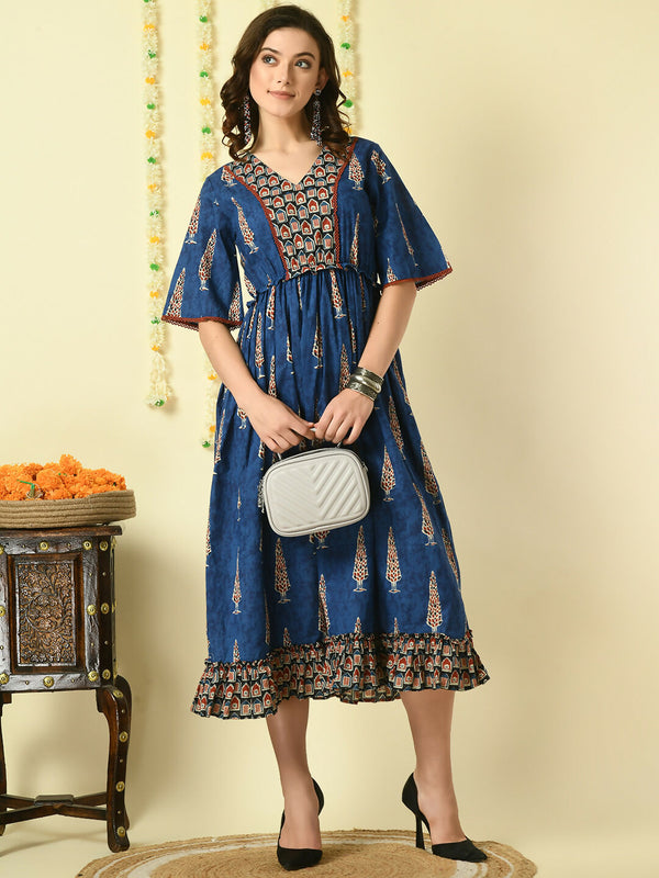 Myshka Women's Blue Printed Cotton Party Dress - Distacart