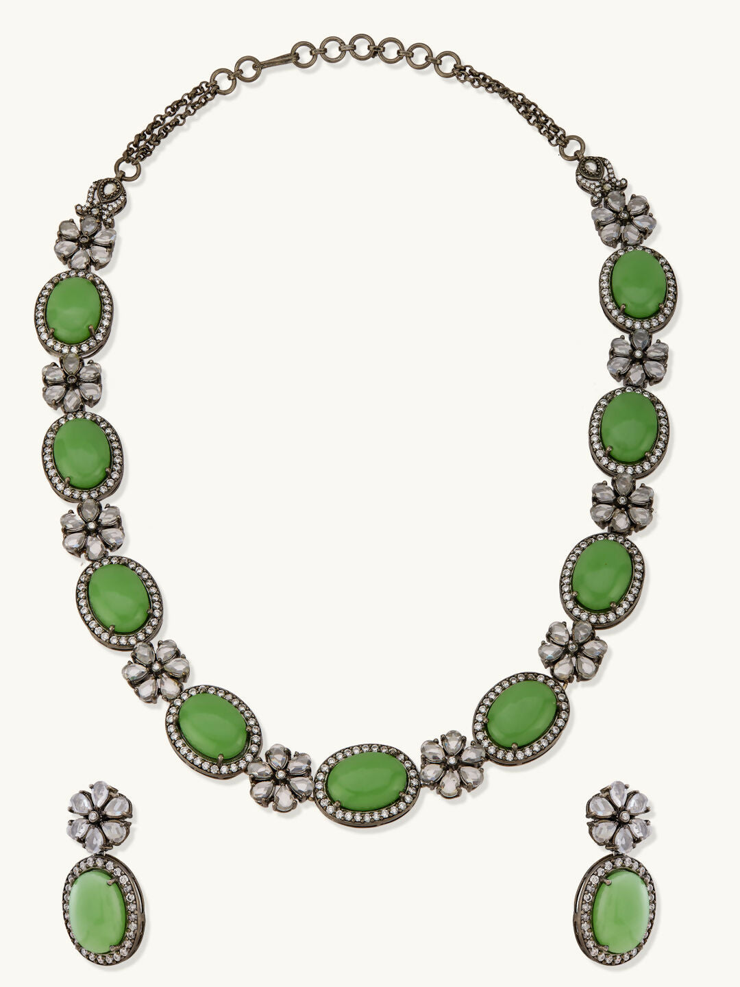 Nuyug Antique Silver Plated Crystal Studded Faux Jade Stones Embellished Necklace Set - Distacart