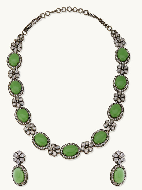 Nuyug Antique Silver Plated Crystal Studded Faux Jade Stones Embellished Necklace Set