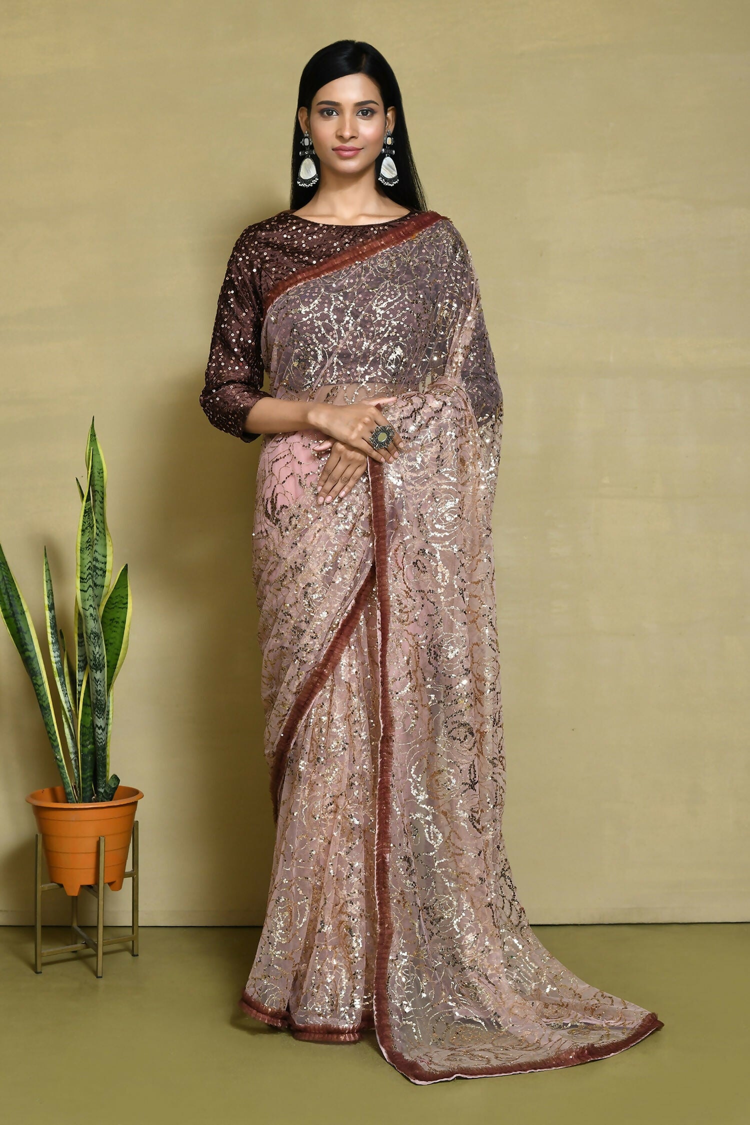 Brown Net Sequence Embroidered Festive Saree - Nimaya Denzy - Distacart