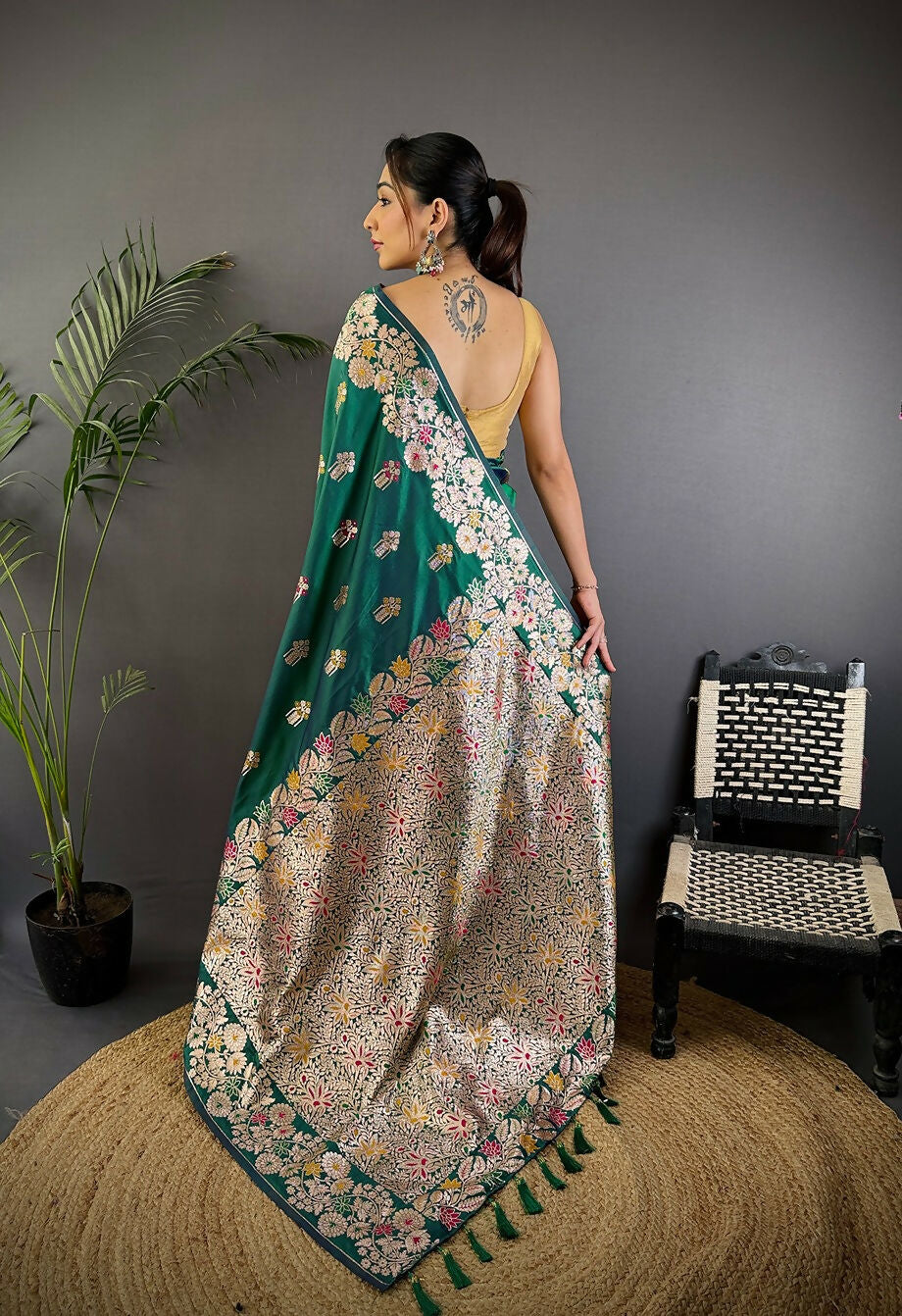 Joban Fashion Meenakari Teal Green Woven Soft Silk Saree