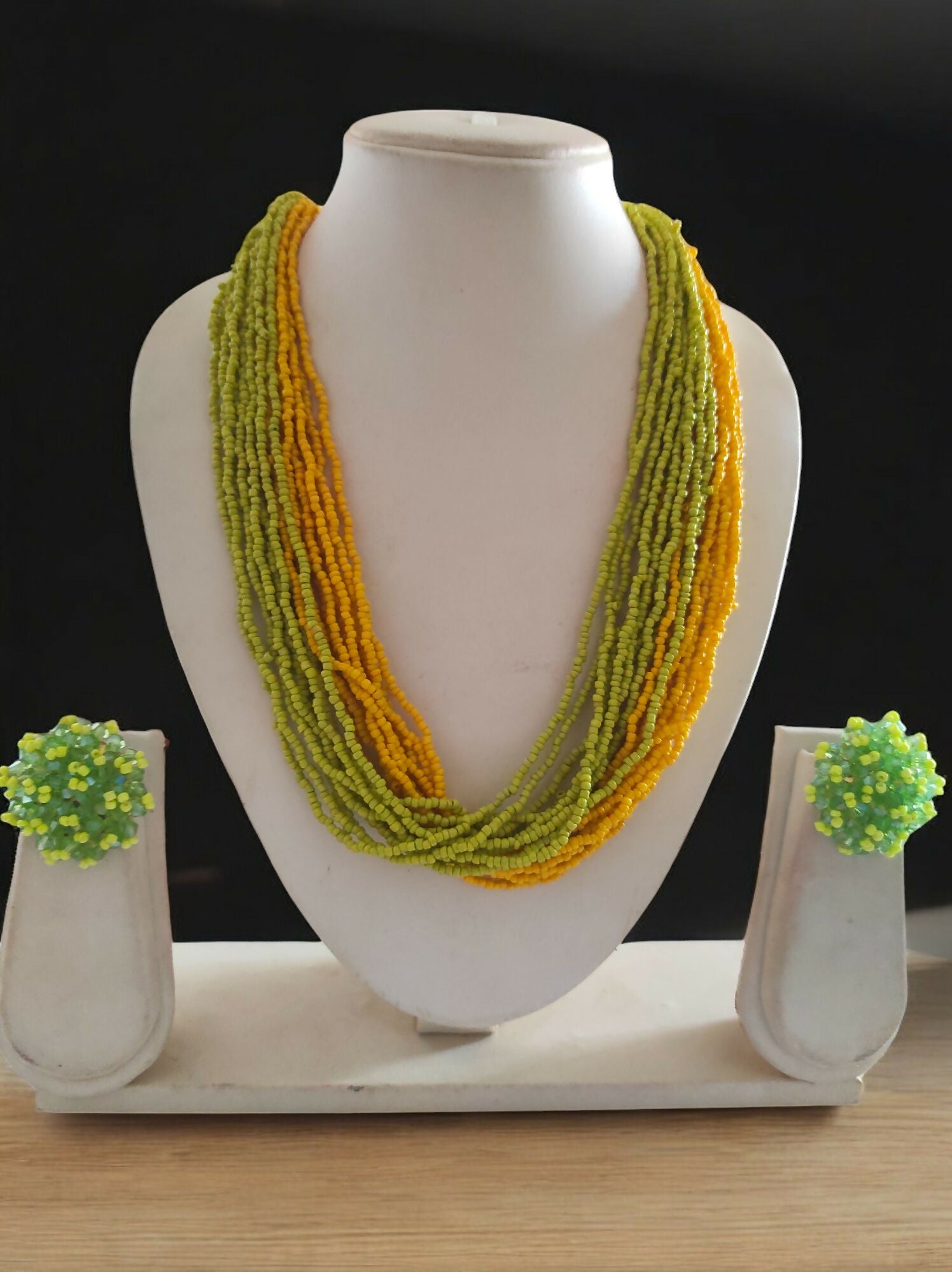 Inhanns Vibrant Handmade 20 Layers Beaded Necklace With Matching Earrings - Yellow & Green - Distacart