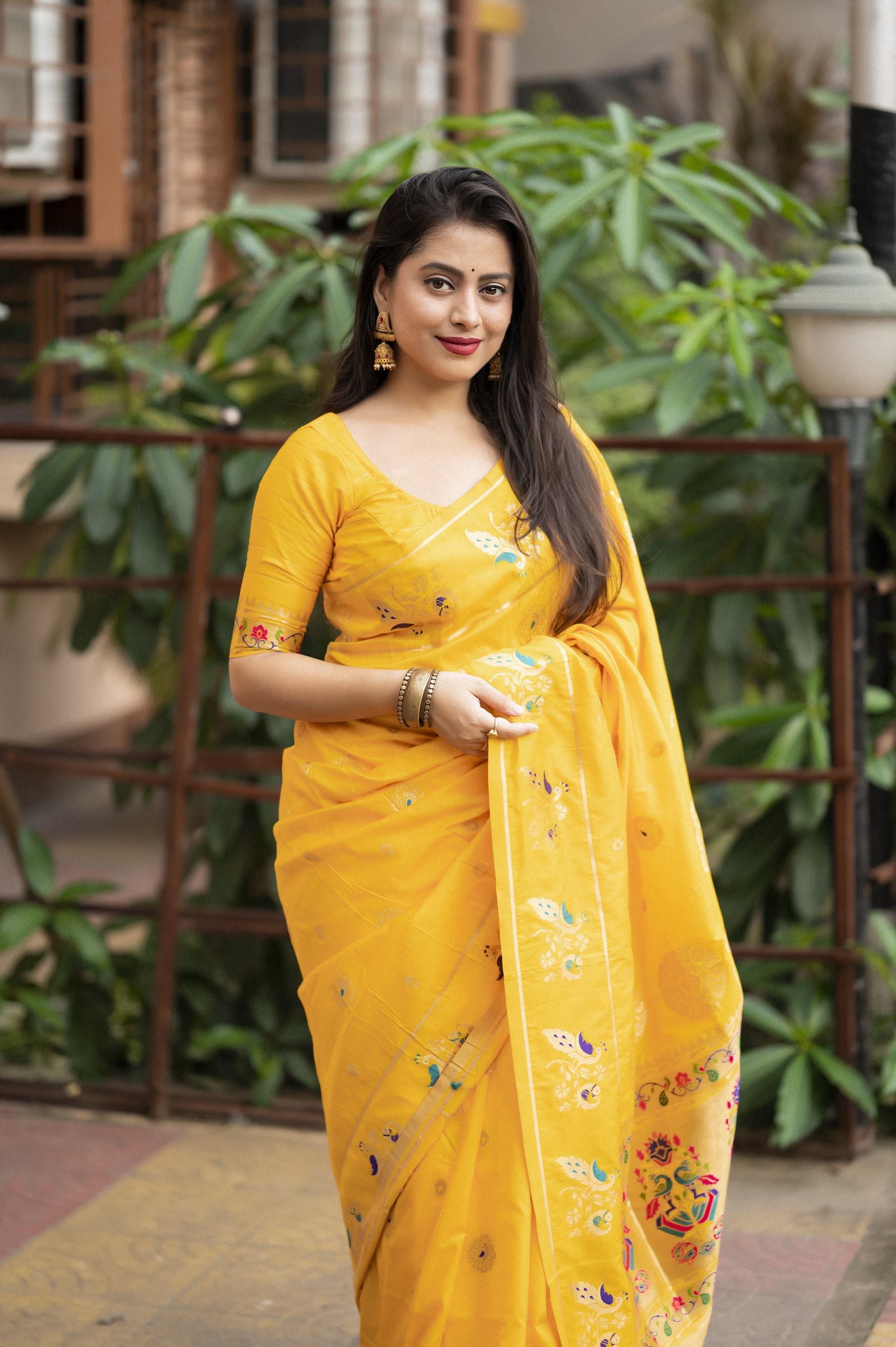 Yellow Pure Silk Woven Design Saree with Unstitched Blouse - Hiral Fashion - Distacart