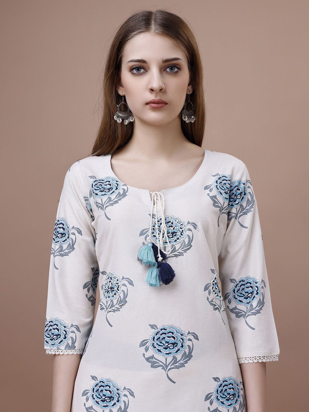 Ode by House of Pataudi Floral Printed Tie-Up Neck Cotton Straight Kurta - Distacart