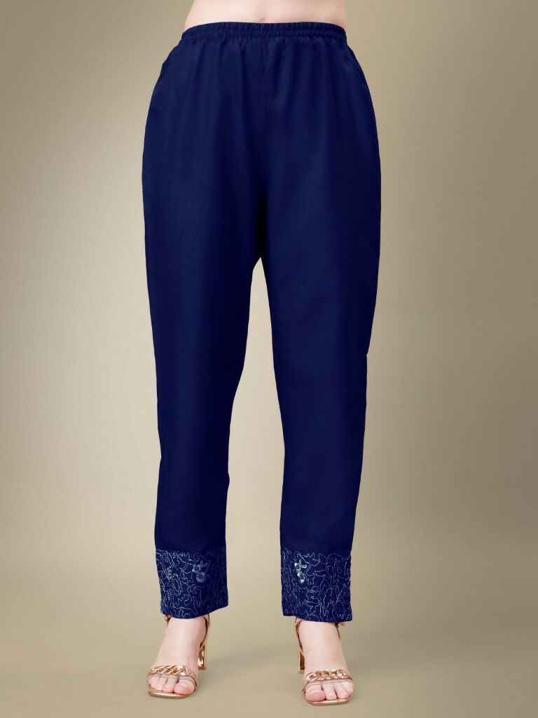 Jyoti Fashion Women's Navy Blue Cotton Blend Embroidery & Fancy Lace work Kurta with Trouser & Dupatta - Distacart