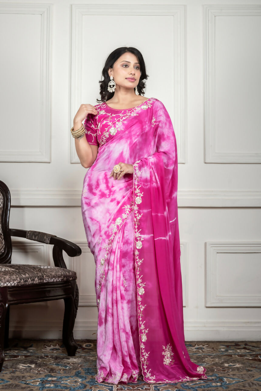 Morchari Pink Crepe Hand Embroidery Saree And Stitched Blouse - Distacart