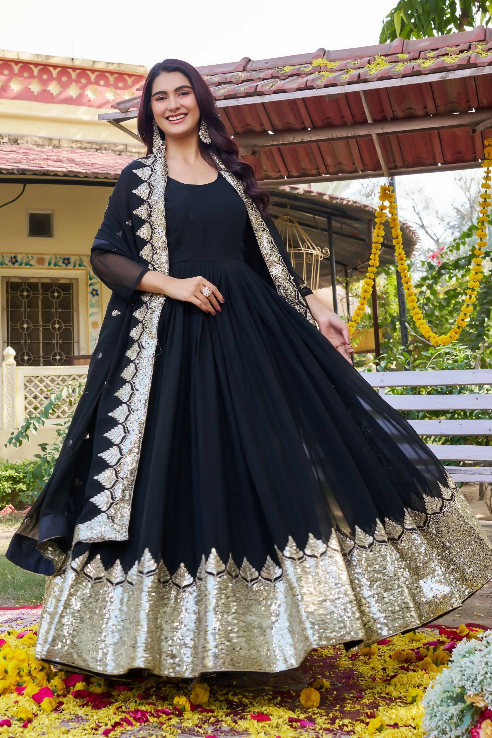 Teeya Creation Womens New Stylish Heavy Sequence Embroidery Work Black Gown Set - Dista
