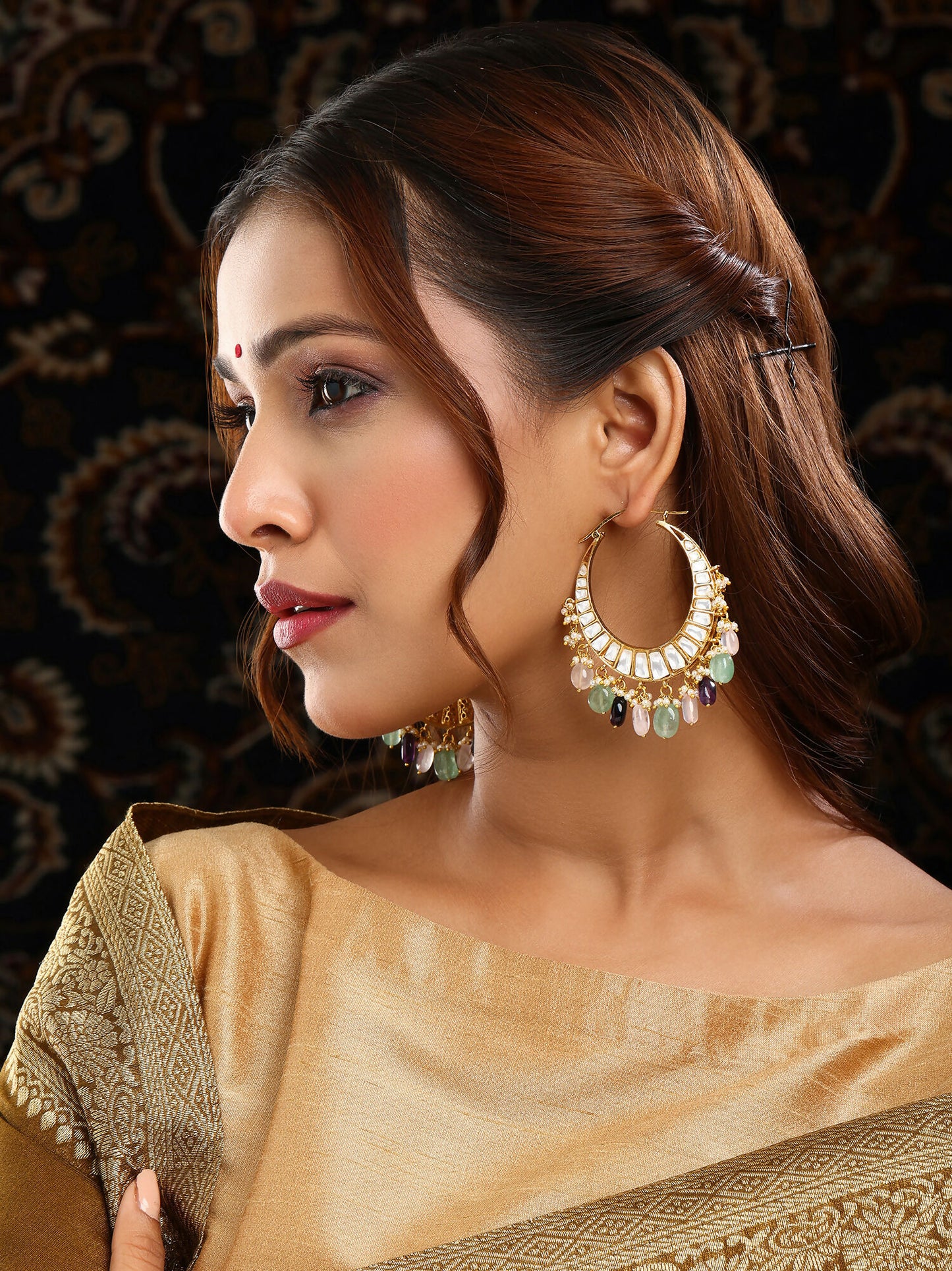 Ruby Raang Gold Polished Multi-Color Kundan Loops - Dista