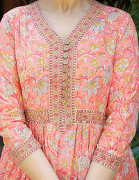Thumbnail for Kaajh Women's Light Orange Floral Handblock Printed Cotton Dress - Distacart