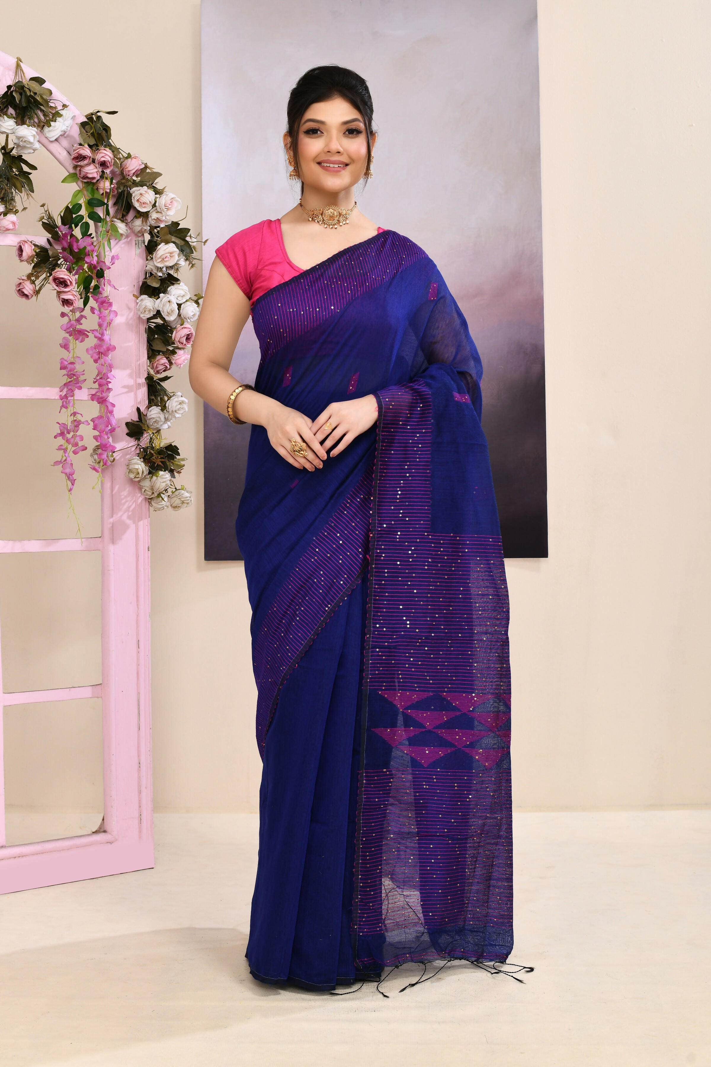 Piyari Fashion Women's Blue Sequins Embellished Cotton Blend Jamdani Saree - Dista