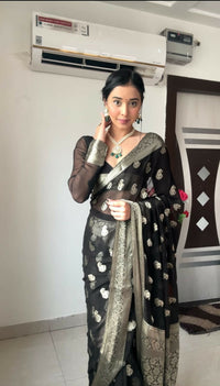 Thumbnail for Malishka litchi Silk Jacquard Ready To Wear Saree With Blouse Piece - Black - Distacart